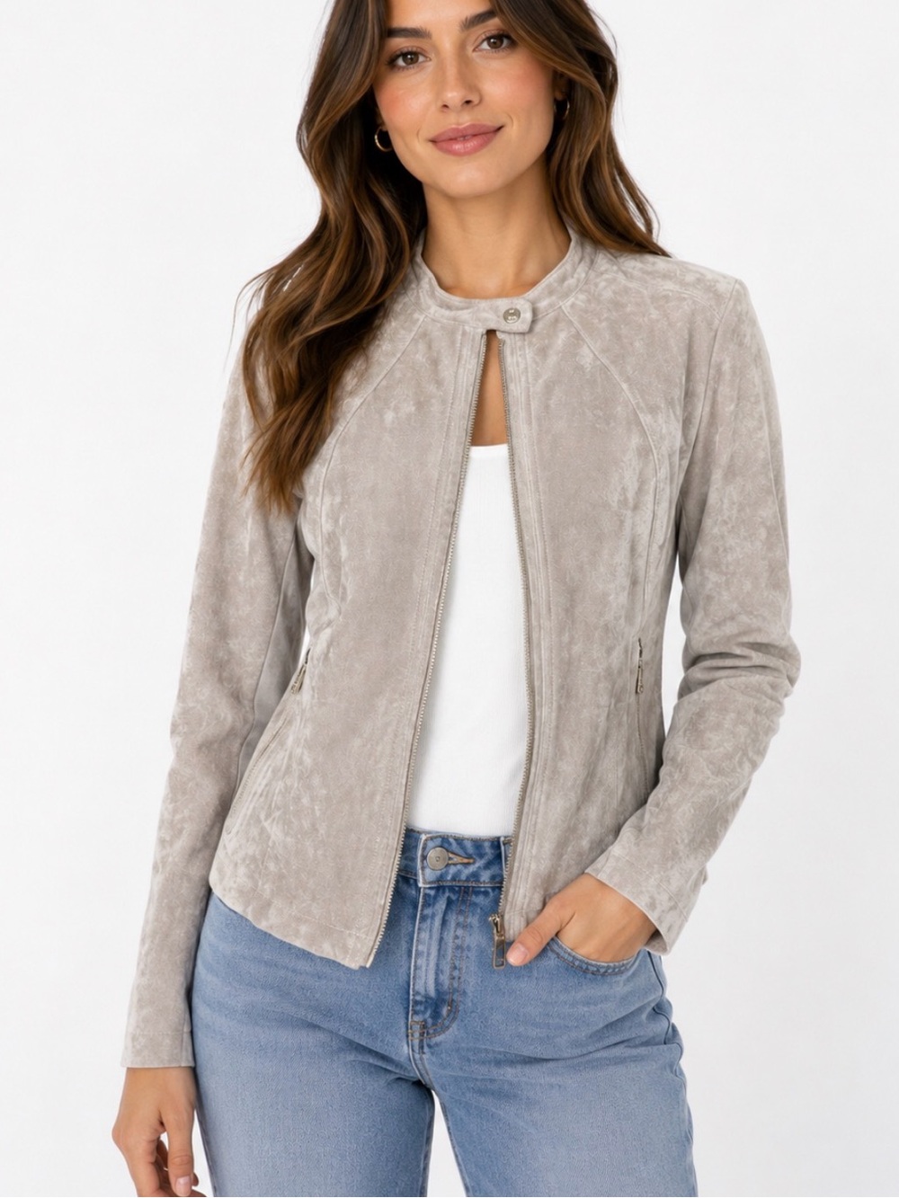 Ivanka Trump Faux Suede Zip Front Women's Jacket in Beige Size Small Petite NWOT